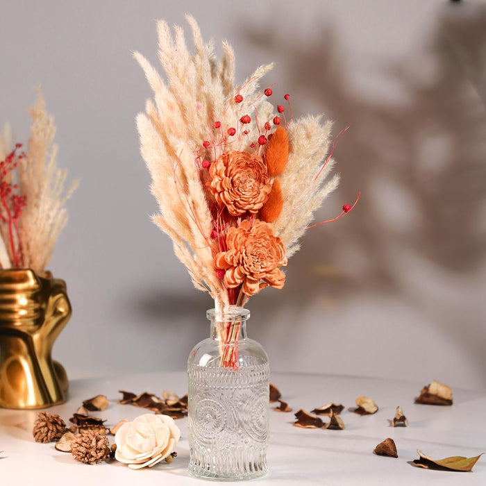 Dried Pampas Grass and Orange Artificial Flowers Bouquet Boho Dried Flower Arrangement, Natural Dry Floral Bouquet 30 cm
