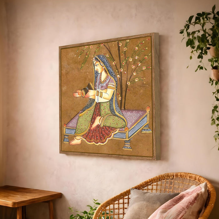 Indian Folk Framed Painting For Living Room | Traditional Ragamala Large Canvas Painting With Frame Wall Art For Bedroom, Hallway's, Office, Hotel, Size 58x58 cm