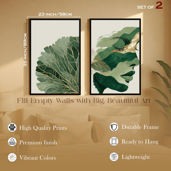 Abstract Face Green Leaf Canvas Portrait Large Wall Art Painting for Living Room Decoration, Stylish Large Wall Art Print for Wall Decor (Set of 2, 58x89 cm)