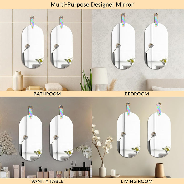Art Street Frameless Capsule Acrylic Mirror Pack of 2 Shatterproof, Self-Adhesive, Decorative Acrylic Wall Mirror for Bathroom, Bedroom, Living Room, Vanity Area Mirrors, Capsule Mirrors 13x29 cm