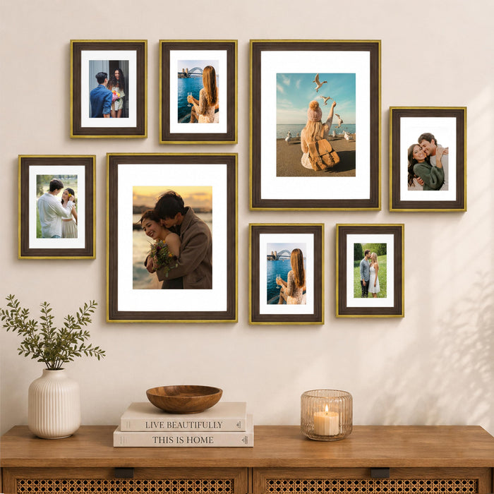 Art Street Rustic Brown & Gold Gallery Wall Photo Frame Set | Modern Memory Timeline Wall Decor for Living Room, Bedroom & Family Photo Collage Display