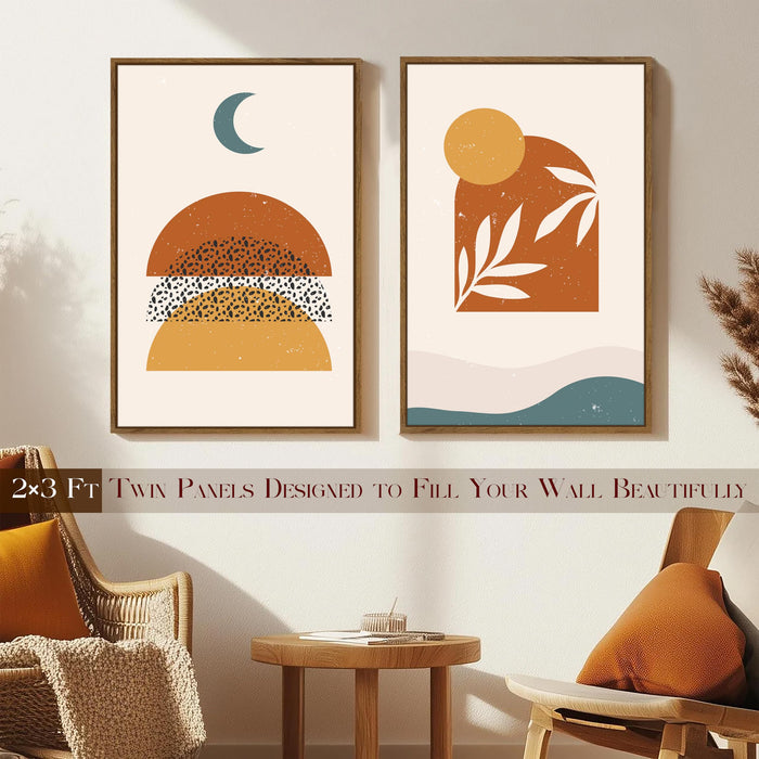 Boho Moon and Sun Minimalist Canvas Wall Painting Bohemian Large Wall Art Painting for Living Room Decoration, Stylish Large Wall Art Print for Wall Decor (Set of 2, 58x89 cm)