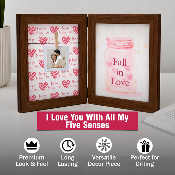 Greeting Card Photo Frame for Couples, Wooden Double Folding Love Photo Frame with Clip, Valentine’s Day Romantic Gift for Boyfriend, Girlfriend, Anniversary Wedding (5.2 x 7.2 Inch, Brown)