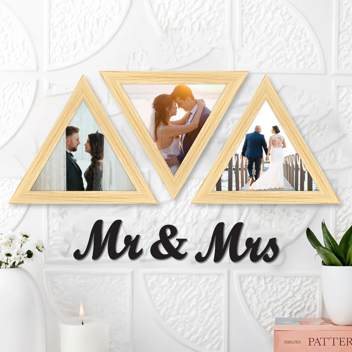 Triangular Wall Photo/Picture Frame Set of 3, and 'Mr & Mrs' Word (Size 9.2x9.2 Inch)