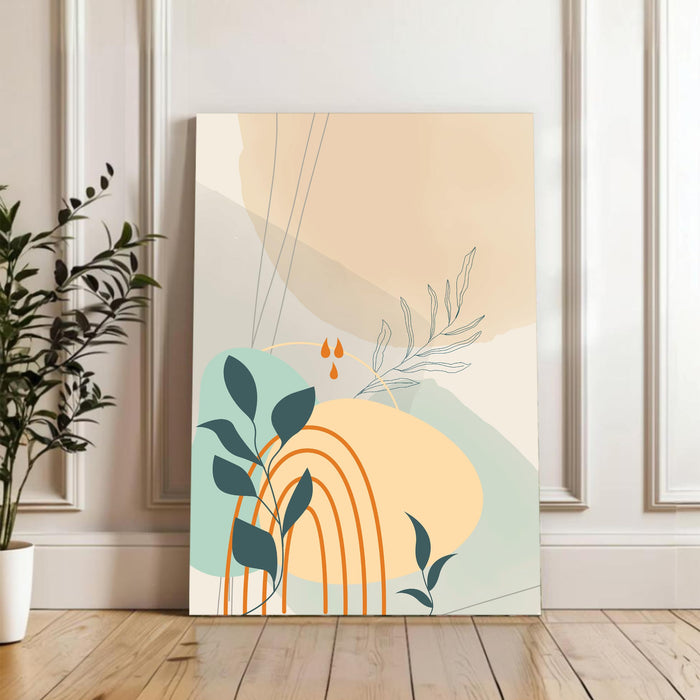 Abstract Rainbow Botanical leaves style Stretched Canvas Wall Art Modern Boho Illustration Painting for Home & Office Wall Decor, (16x22 Inch)