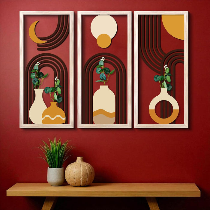 MDF Boho Wall Hanging Rectangular Vase Frame with Artificial Plant Leaf Pack of 3 Wooden Wall Decor 23x48 cm