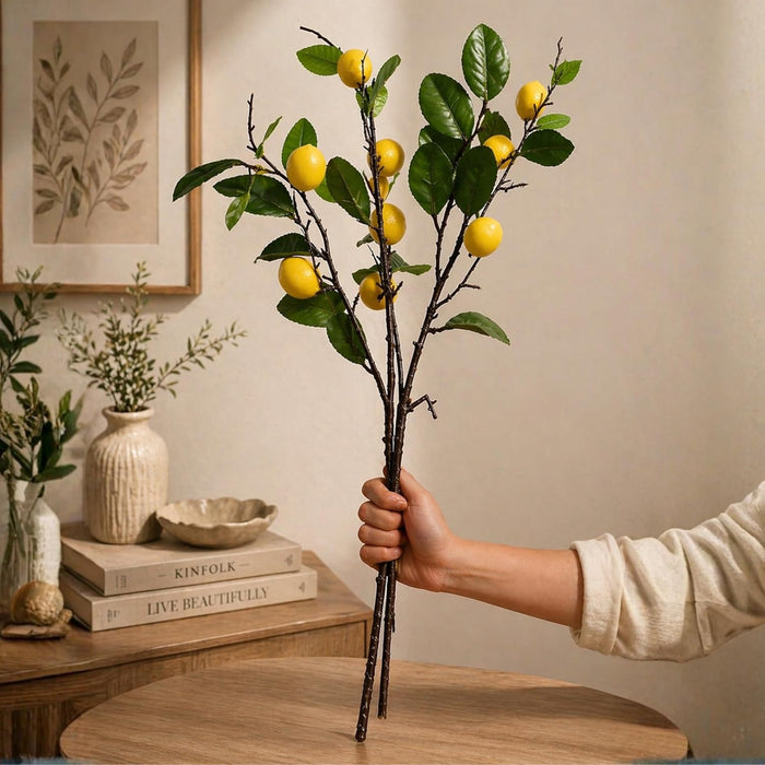 Art Street Artificial Lemon Plant Stick with Yellow Fruits – Realistic Faux Lemon Branch for Home Décor,