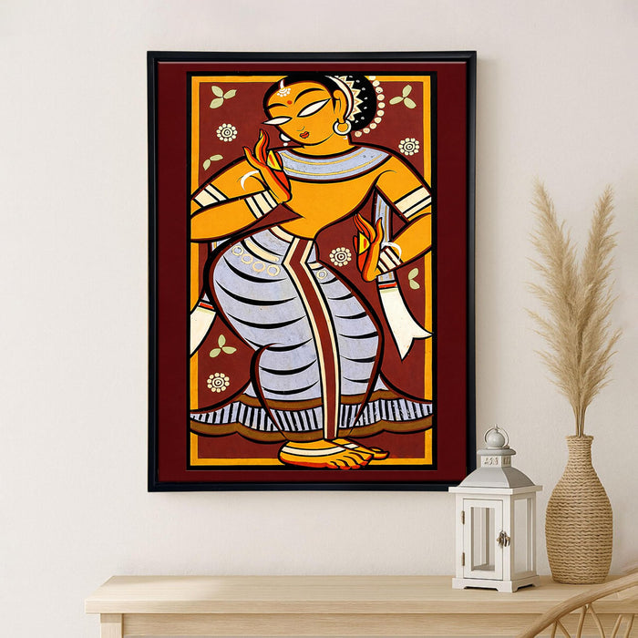 Indian Folk Religious Framed Canvas Painting for Living Room Wall Deocr, Krishna Mythology Dancing Gopi Framed Canvas Wall Art for Bedroom Home Hallways Office Hotel, Size 43x58 cm