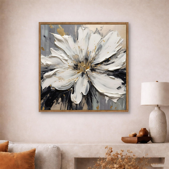 Abstract White Flower Framed Painting For Living Room | Modern Impasto Floral Large Canvas Painting With Frame Wall Art For Bedroom, Hallway's, Office, Hotel, Size 58x58 cm