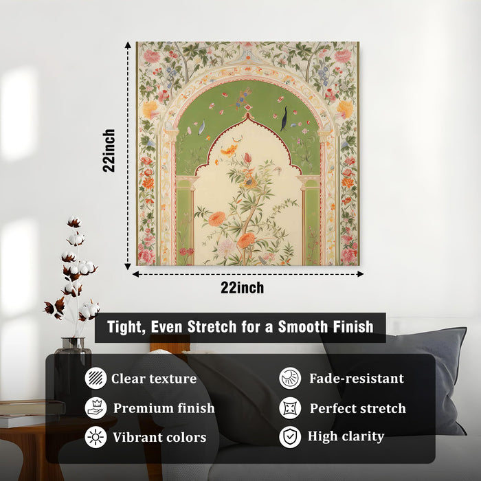 Traditional Indian Mughal Art Stretched Canvas Wall Art Painting For LIving Room, Pichwai Floral Jharokha Design with Enchanted Blossoms & Birds for Living Room, Office & Home (56xx56 cm)