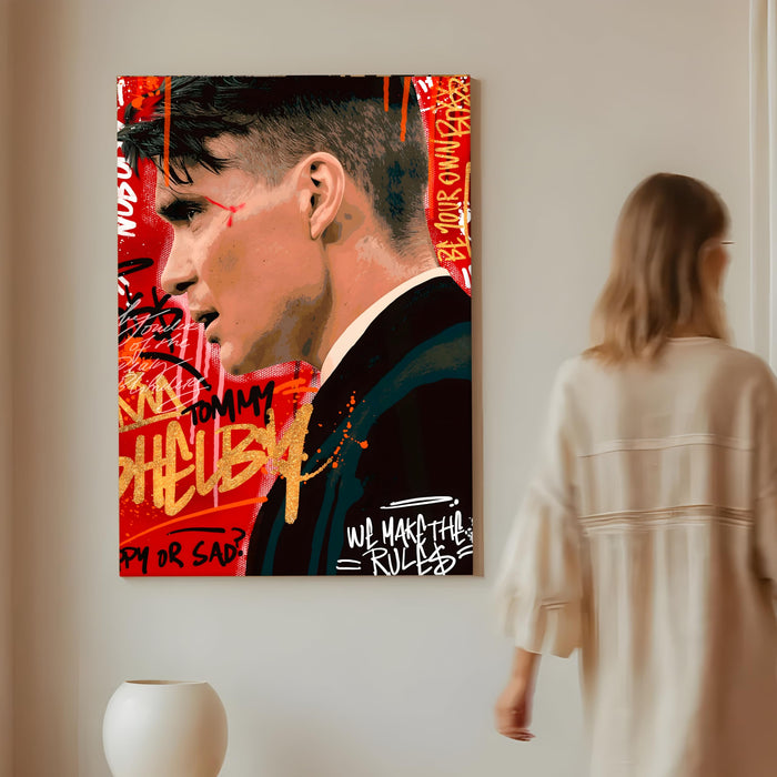 Modern Graffiti Portrait Wall Painting | Red & Gold Art Stretched Canvas Print | Bold Contemporary Wall Art for Living Room & Office Décor, 56x86 cm