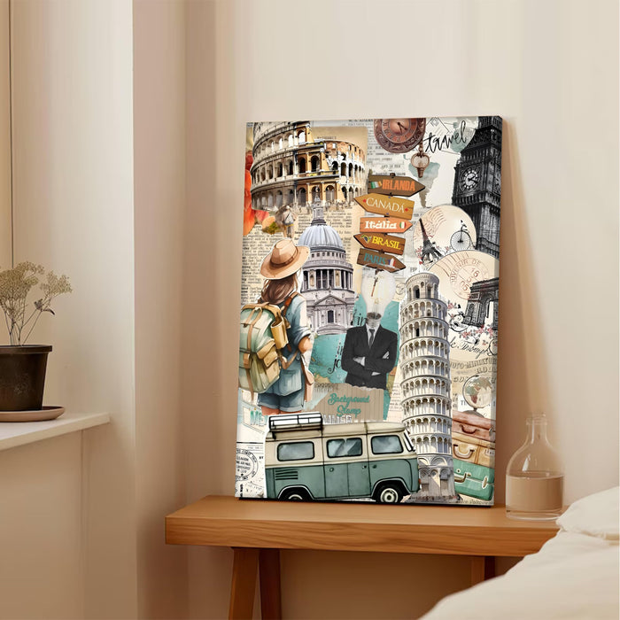 World Travel Collage Canvas Wall Painting | Canada Italia Brazil Paris Travel pop art Canvas Wall Painting For Home and Office Wall Décor (41x56 cm)