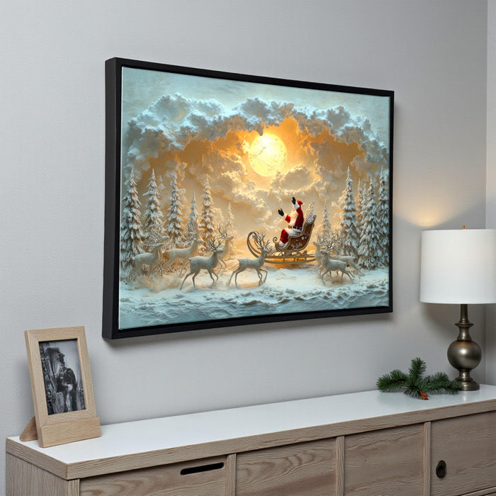 LED Christmas Wall Painting Lighted Holiday Décor with Santa Sleigh and Reindeer Scene Painting, Winter Landscape for Home, Living Room Festive Decoration (23x17 Inch)