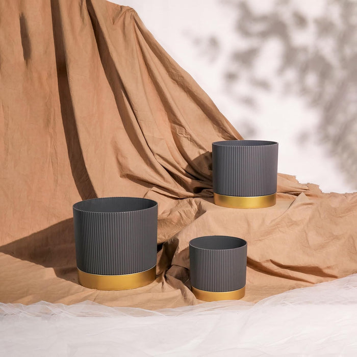 Plant Pot Pack Planter Pot Pack of 3 for Home Decor Brown Copper Indoor Outdoor with Vertical Embossed Ribbed Pattern Perfect 26x29, 21.5x24 and 17x18.5 cm