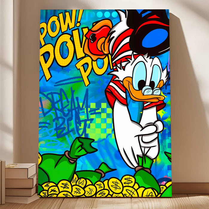 Pop Art Cartoon Duck Money Wall Painting | Comic Graffiti Style Stretched Canvas Art Print| Modern Street Wall Art for Home & Office, 56x86 cm