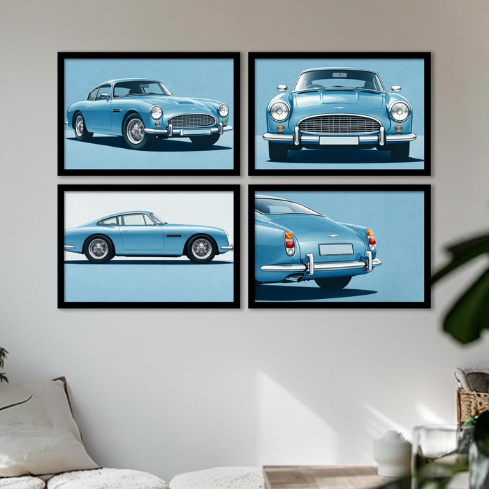 Classic British Luxury Car Framed Wall Art Painting Set of 4 | Retro Blue Automobile Illustration Prints for Living Room, Office & Studio Décor, 23x32 cm
