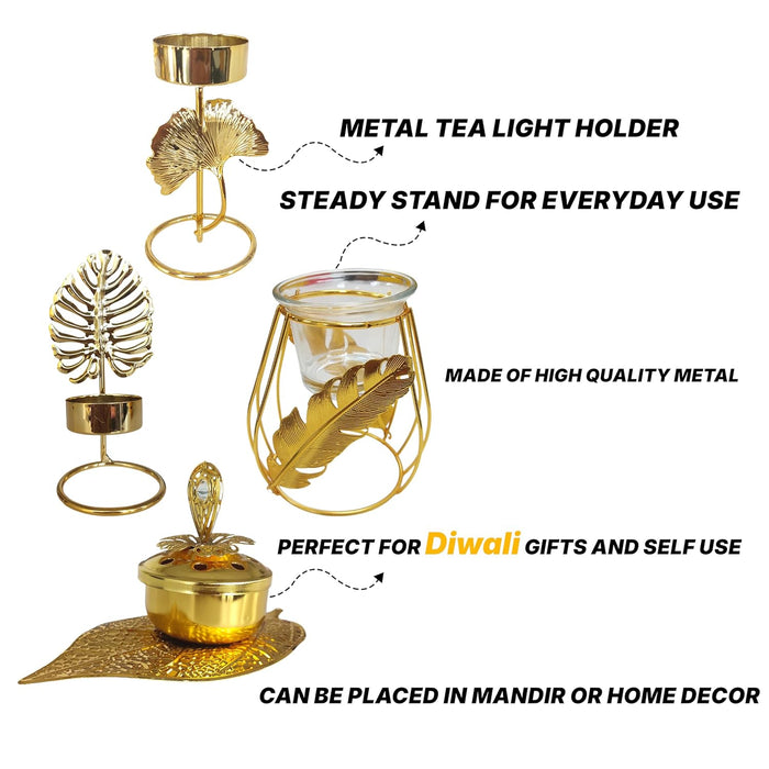 Metal Diwali Tealight Holder with Glass Leaf Decorative Crystal Puja Dia for Mandir (Pack of 2, Gold, 10x8x9 Cm)