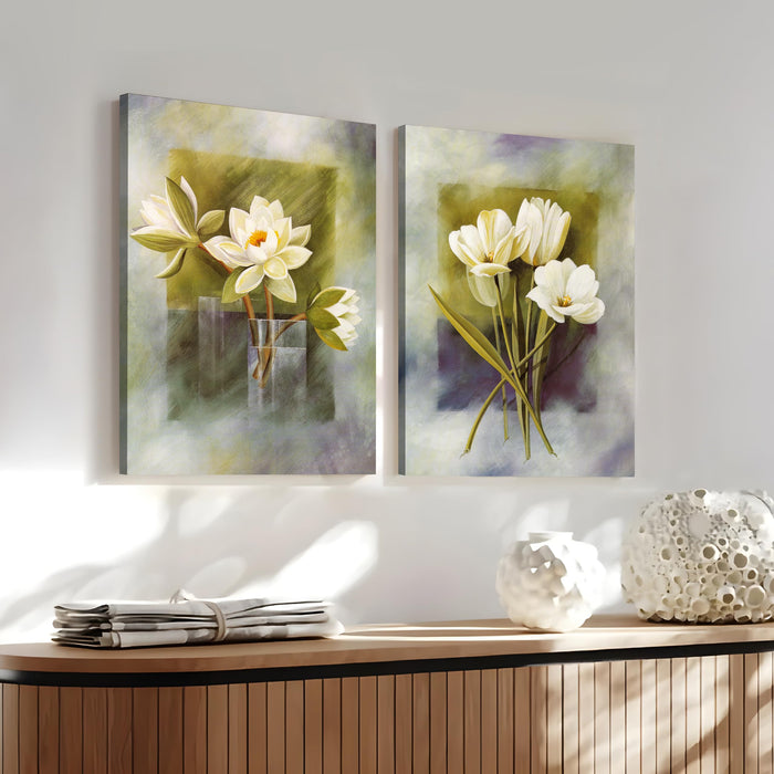 Floral Theme Stretched Canvas Painting Art Print Pack of 2 | Digital Print On Stretched-Canvas (30x41 CM)