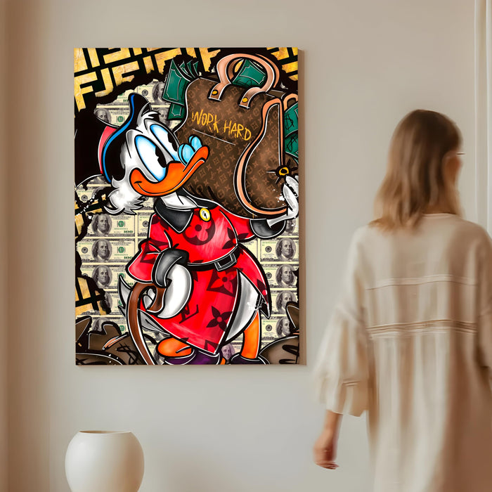 Luxury Cartoon Duck Money Pop Art Stretched Canvas Painting Print | Work Hard Success Theme Graffiti Wall Art | Modern Street Style Artwork for Home & Office, 56x86 cm