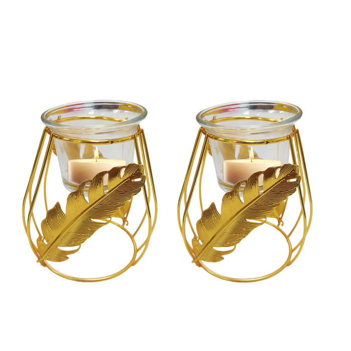 Metal Diwali Tealight Holder with Glass Leaf Decorative Crystal Puja Dia for Mandir (Pack of 2, Gold, 10x8x9 Cm)