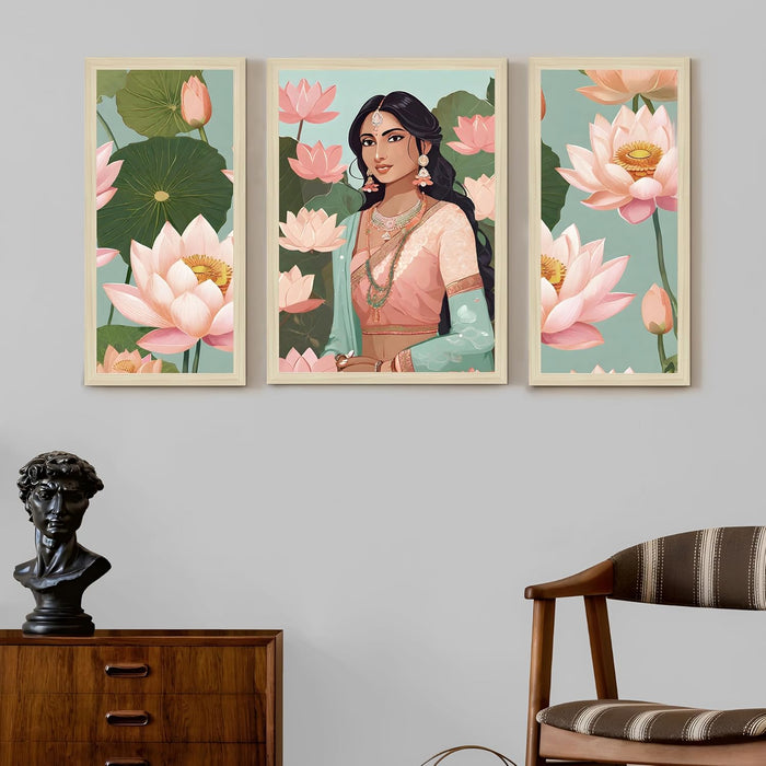 Botanicals Pichwai Framed Wall Art Painting Home Décor Pack Of 3 | Digital Scenery Painting with Frame, Set Of 3 22x46 cm, 33x44 cm