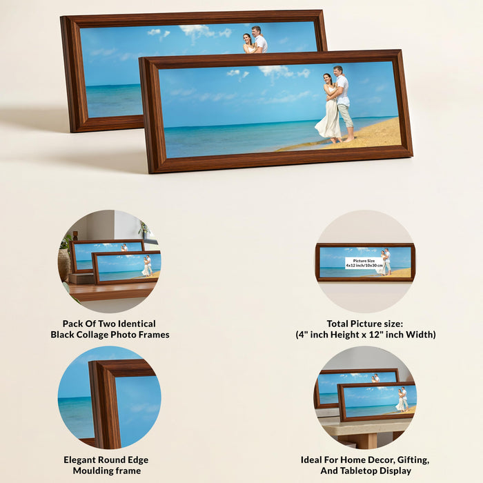 Art Street Horizontal Photo Frame Set of 2 for Tabletop Display, Brown Panoramic Wooden 4x12 Inch Picture Frames with Stand, Designer Picture Frame for Home Decor, Gift Photo Frames Set 12x32 cm