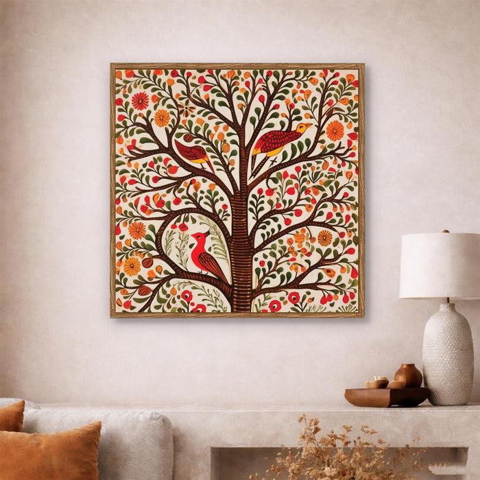 Madhubani Tree of Life Framed Painting For Living Room | Indian Folk Tree and Birds Large Canvas Painting With Frame Wall Art For Bedroom, Hallway's, Office, Hotel, Size 58x58 cm