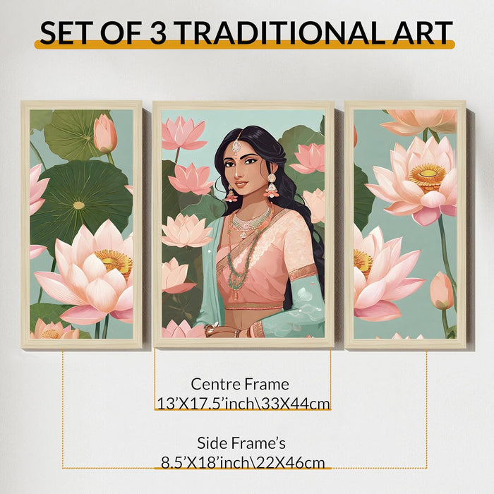 Botanicals Pichwai Framed Wall Art Painting Home Décor Pack Of 3 | Digital Scenery Painting with Frame, Set Of 3 22x46 cm, 33x44 cm