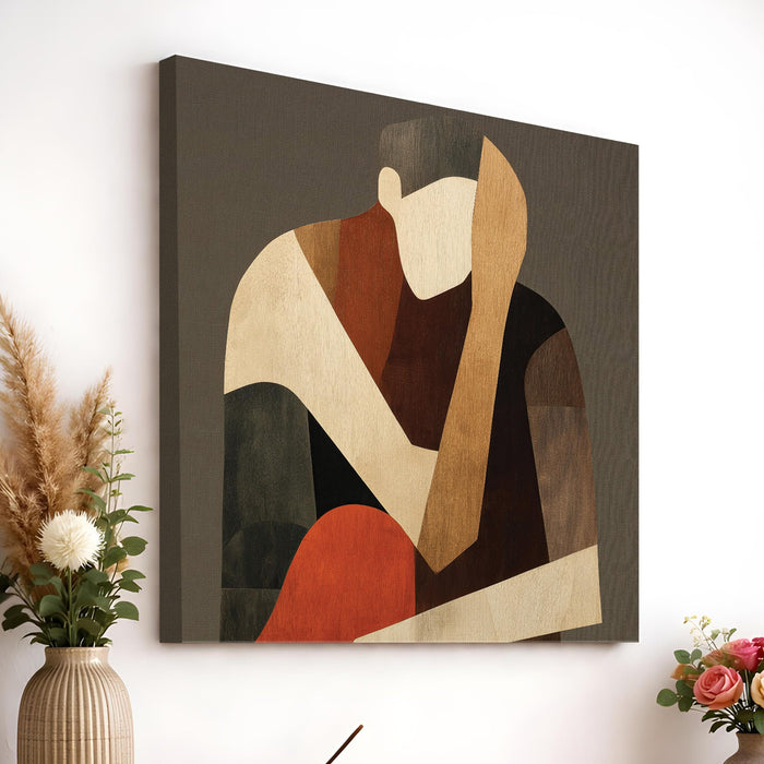 Boho Cubist Figurative Stretched Canvas Painting For Living Room | Abstract Figure Wall Art Large Canvas Painting For Livingroom Home Decor, Bedroom, Hallway's, Office, Hotel - 86x86 cm