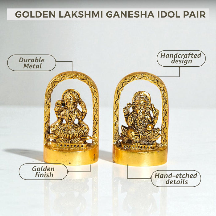 Metal Traditional Arched Lakshmi Ganesha Brass Finished Idol, Lakshmi Idol for Deepawali Decoration, Brass Finished Idols for Diwali 6.4x10.7 cm