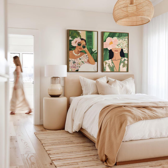 Boho Women Portrait Green and Pink Canvas Painting Bohemian Large Wall Art Painting for Living Room Decoration, Stylish Large Wall Art Print for Wall Decor (Set of 2, 58x89 cm)