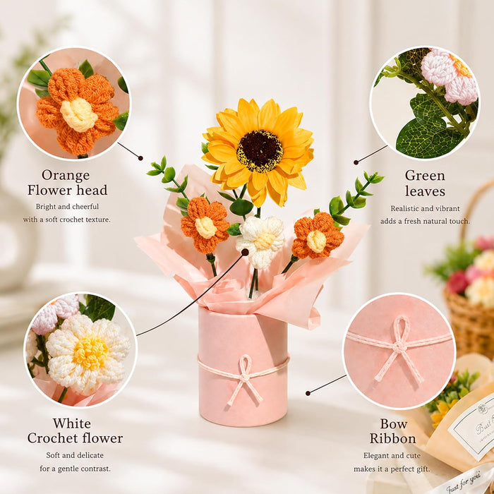 Art Street Handmade Crochet Flower Bouquet with Sunflower | Orange & White Knitted Flowers with Green Leaves, Decorative Pot with Ribbon for Home Décor, Birthday, Anniversary