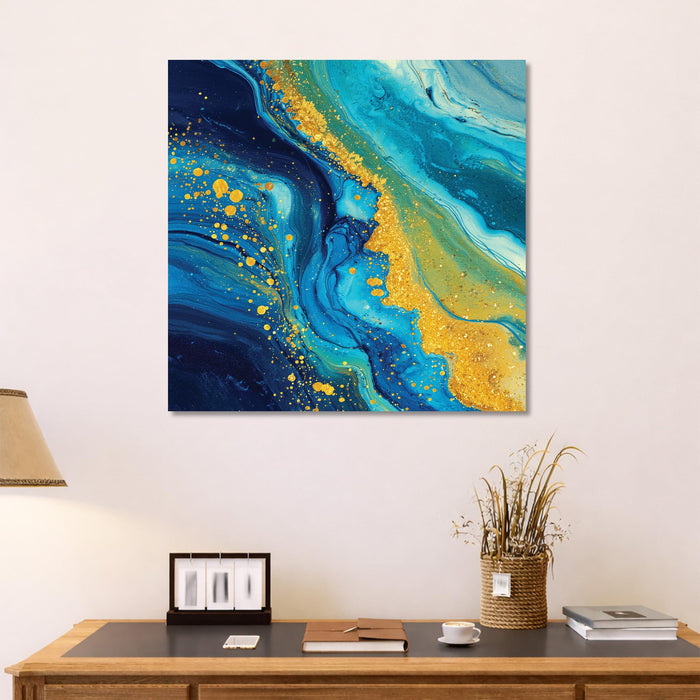 Abstract Blue & Gold Marble Wall Art Painting For Living Room, Modern Fluid Ink Stretched Canvas Painting with Gold Foil Splatter, Contemporary Decor for Living Room, Home & Office (56xx56 cm)