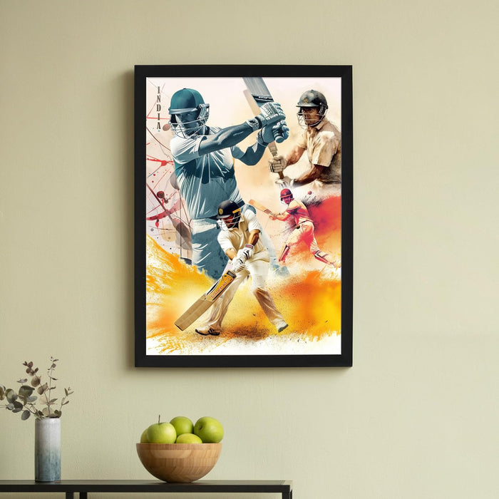 Framed Wall Hanging Art Print of Cricket Batsman Batting Sports Poster For Home Decor (12.7X17.5 Inch)