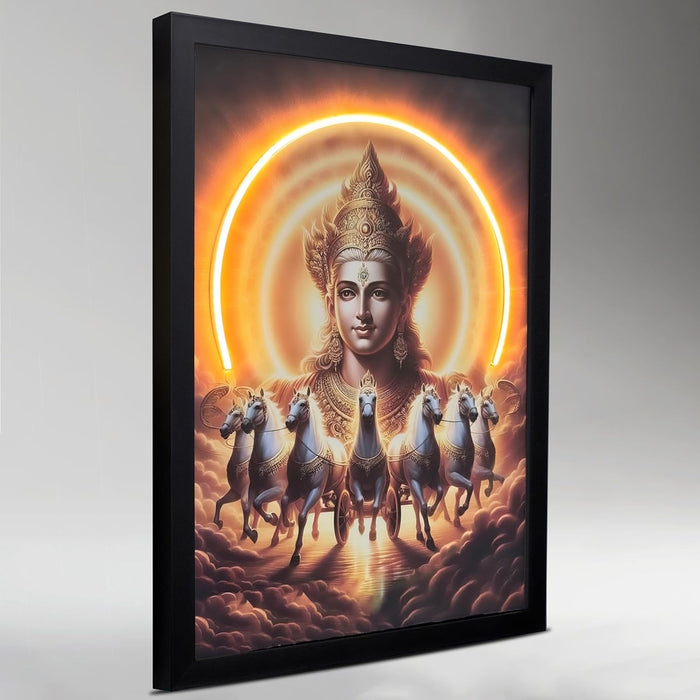 Surya Dev LED Wall Art, Vastu & Feng Shui Painting with LED Light, Spiritual Artwork of Surya Dev Riding Seven White Horses, Wall Decor 43x58 cm