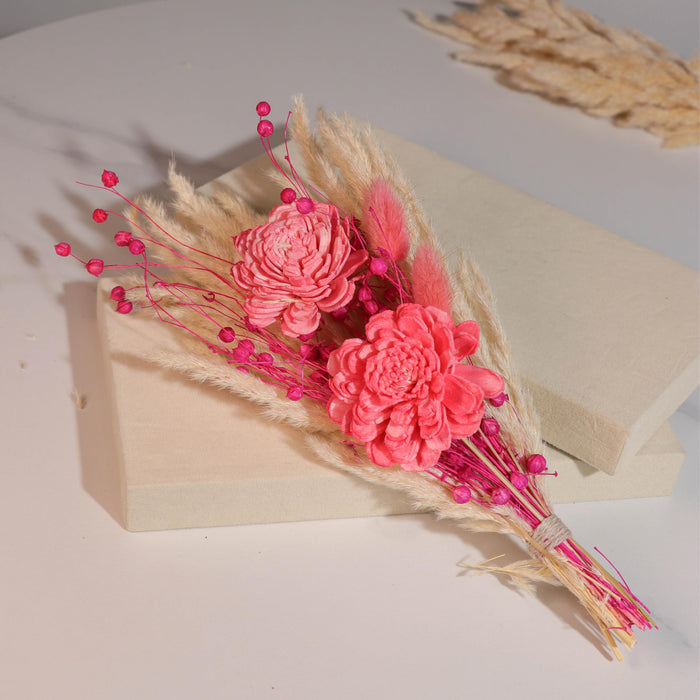 Dried Pampas Grass and Pink Artificial Flowers Bouquet Boho Dried Flower Arrangement, Natural Dry Floral Bouquet 30 cm