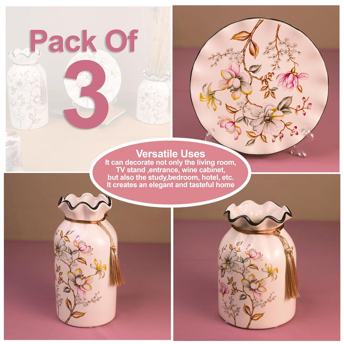 Flower Pinted Ceramic Vases and Decorative Plate Combo for Décor (White, 4.5x9 Inch and 8x8 Inch)