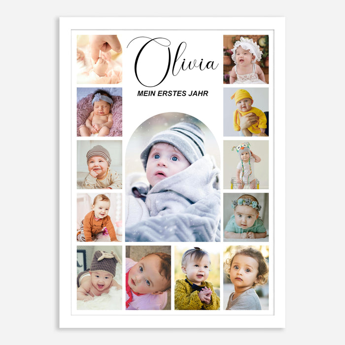 SNAP ART Personalised & Customized Baby Collage Photo Frame with Baby Name & 13 Photo Print with Framed (White, 12x16 Inch)