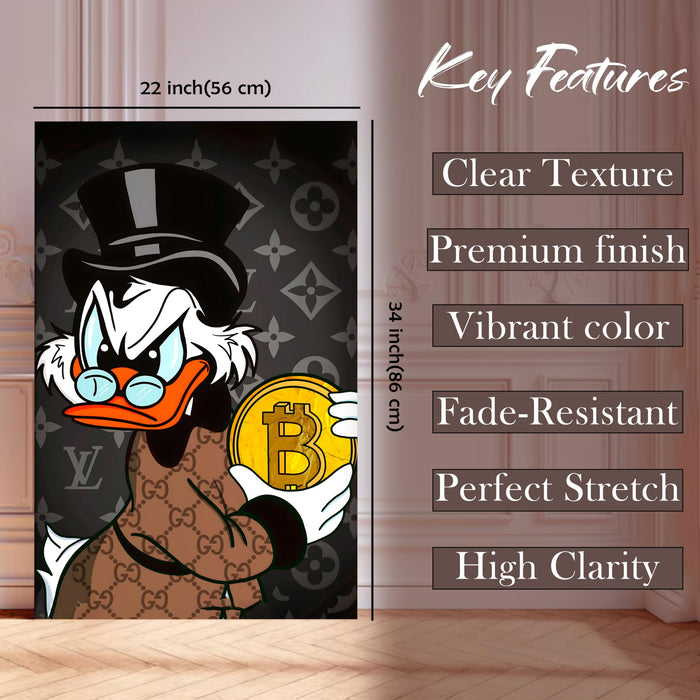 Luxury Money Duck Pop Art Stretched Canvas Painting Print| Cartoon Style Crypto Wealth Wall Art | Modern Graffiti Artwork for Home & Office Décor, 56x86 cm