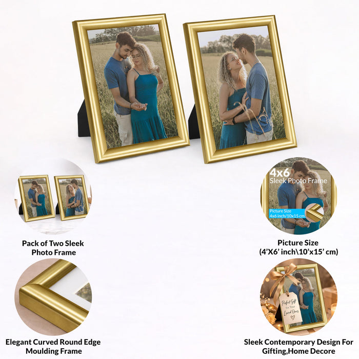 Picture Table Photo Frame Set of 2 for Bedroom, Tabletop Frames with Stand, Modern Farmhouse Photo Frames for Couples, Weddings, Home Decor, Portrait or Landscape Display (Golden, 4x6 Inch)