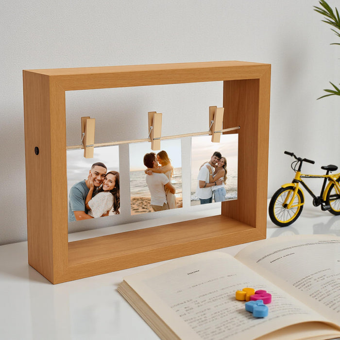 Art Street Open Box Modern Wooden Photo Frame Brown Wooden Picture Display Frame with Clips, Creative Hanging Photo Display for Desk and Shelf Decor, Picture Frames for Home Decor 17x22 cm