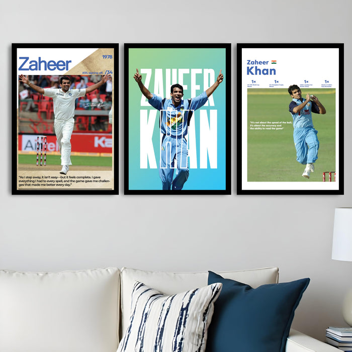 Zaheer Khan Cricket Wall Art | Legendary Indian Fast Bowler Posters | Framed Sports Wall Decor for Living Room, Bedroom, Office & Cricket Fans (13.9x17.6 Inch, Set of 3)