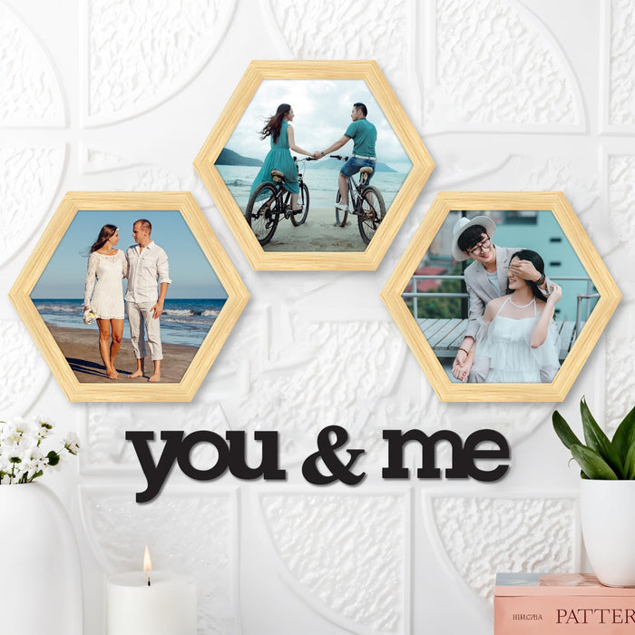 Hexagon Wall Photo/Picture Frame Set of 3, and 'You & me' Word (Size 10x9.2 Inch)