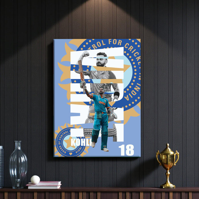 Virat Kohli Stretch Canvas Painting Wall Art Poster, King Kohli 18, Indian Cricket Team Fan Gift, for Bedroom, Living Room, Office, Home Decor, Virat Kohli Canvas Poster 16 x 22 Inch