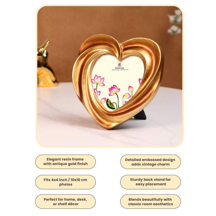 Vintage 4x4 Inch Photo Frame Golden Heart – European Style Resin Picture Frame, Tabletop or Wall Display, Antique Decorative Design, 10x10 cm