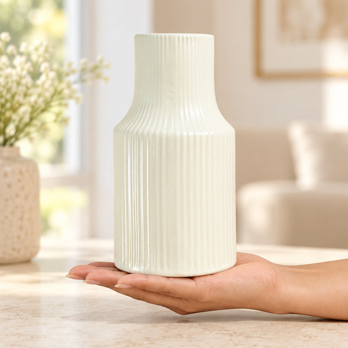 Pleated Ceramic Vase| Decorative Flower Pot for Home| Wedding, Living Room, Bedroom & Office Décor| New Year, Christmas Décor (Only Vase, 4x6 Inch)| Free Flower Stick with Vase