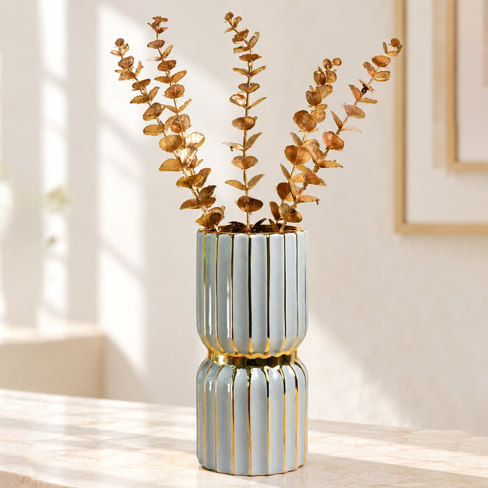Ceramic Flower Vase For Living Room| Modern Decorative Home Décor| Flower Vase for Centerpieces & Tables| New Year, Christmas Decoration (Grey, 3.8x7.5 Inch)| Free Flower Stick with Vase