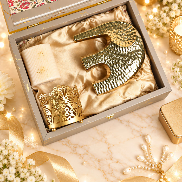 Diwali Luxury Gift Box with Gold Textured Elephant Figurine & Cutout Metal Votive Candle Holder in Satin-Lined Wooden Box