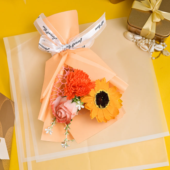 Artificial Flower Bouquet with Sunflower, Rose & Carnation in Peach Wrap, Mini Floral Gift for Birthday, Anniversary & Special Occasions
