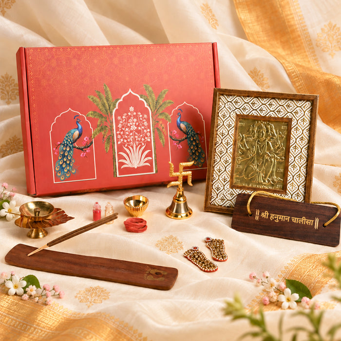 Diwali Pooja Gift Box with Brass Diya, Bell, Hanuman Chalisa Frame & Puja Accessories | Diwali Gift Hamper